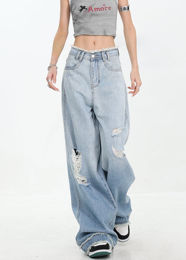 Blue Gradient Wash Ripped Jeans Women’s Raw Edge Design - Women’s Jeans