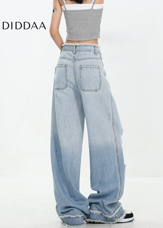 Blue Gradient Wash Ripped Jeans Women’s Raw Edge Design - Women’s Jeans