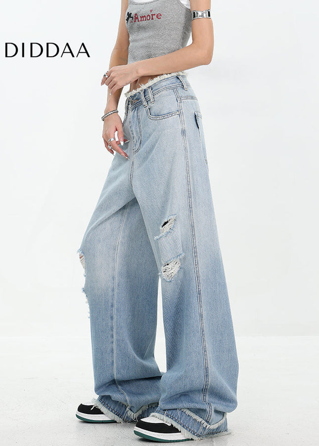 Blue Gradient Wash Ripped Jeans Women’s Raw Edge Design - Women’s Jeans