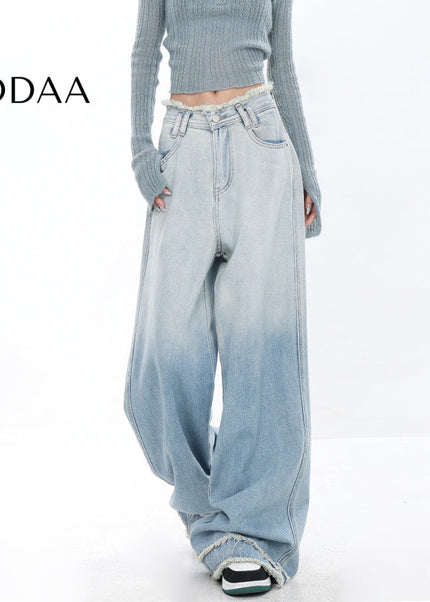 Blue Gradient Wash Ripped Jeans Women’s Raw Edge Design - Women’s Jeans