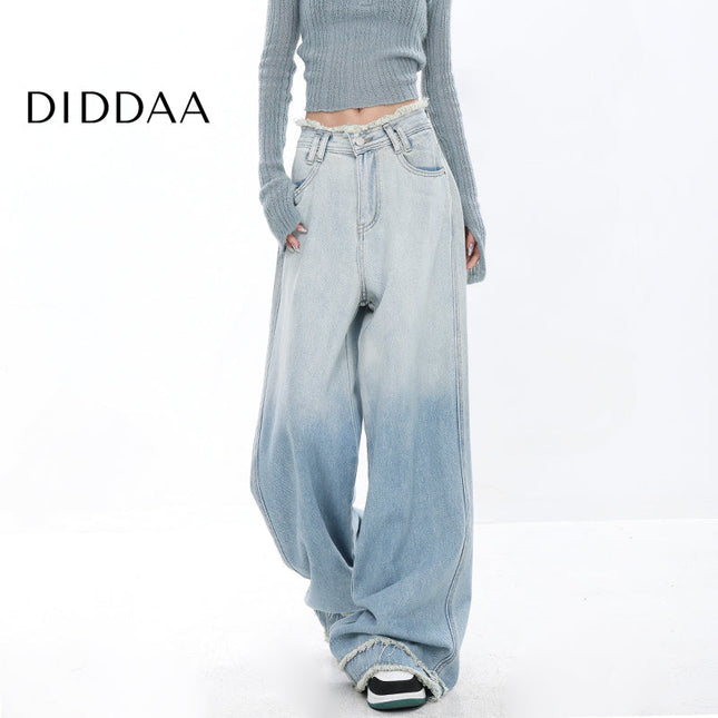 Blue Gradient Wash Ripped Jeans Women’s Raw Edge Design - Women’s Jeans