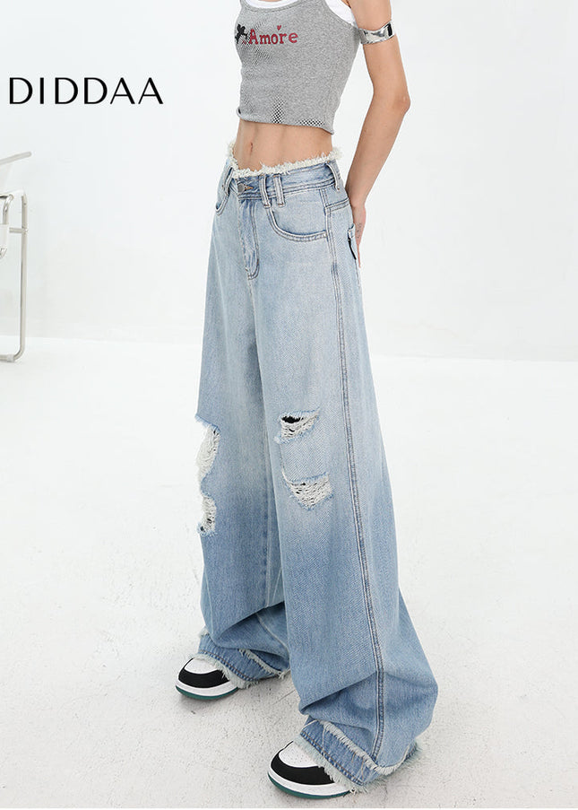 Blue Gradient Wash Ripped Jeans Women’s Raw Edge Design - Women’s Jeans