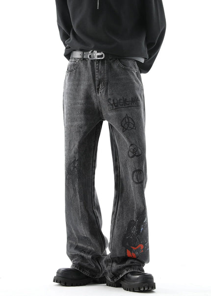 Blue Graffiti Design Street Trendy Hip-Hop Jeans - Men’s Jeans