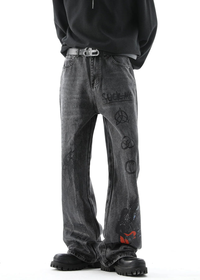Blue Graffiti Design Street Trendy Hip-Hop Jeans - Men’s Jeans