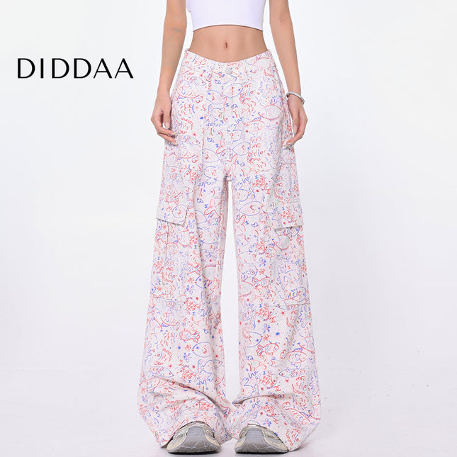 Blue Graffiti Design Wide-Leg Cargo Slacks - S / Pink - Women’s Jeans