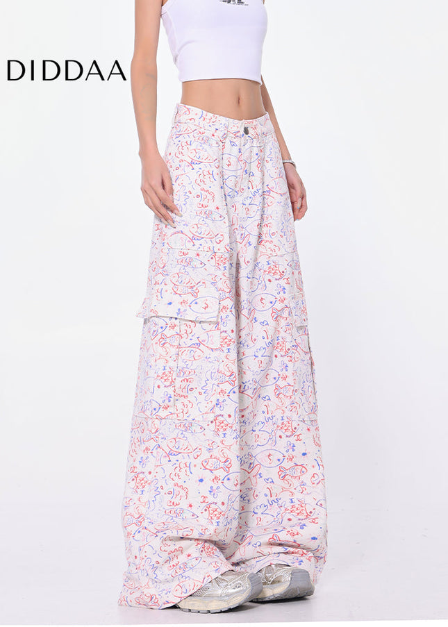 Blue Graffiti Design Wide-Leg Cargo Slacks - Women’s Jeans