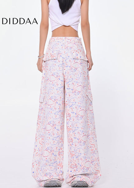 Blue Graffiti Design Wide-Leg Cargo Slacks - Women’s Jeans