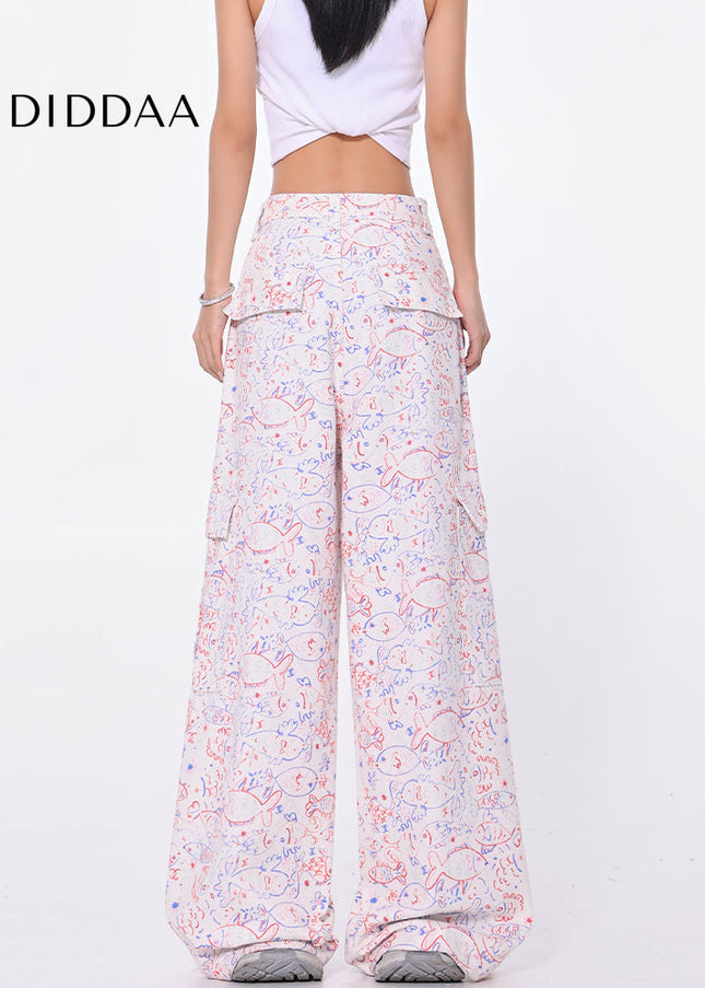 Blue Graffiti Design Wide-Leg Cargo Slacks - Women’s Jeans