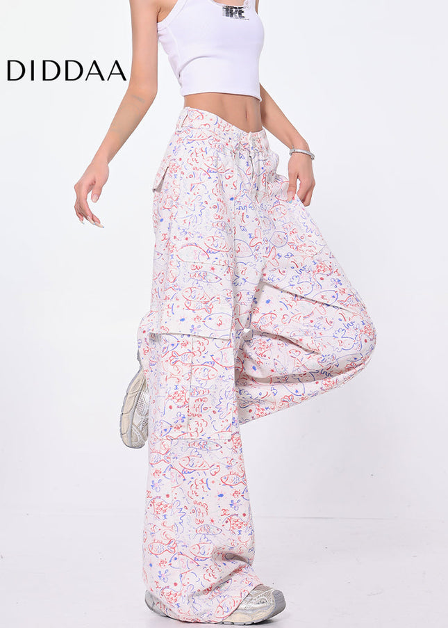 Blue Graffiti Design Wide-Leg Cargo Slacks - Women’s Jeans
