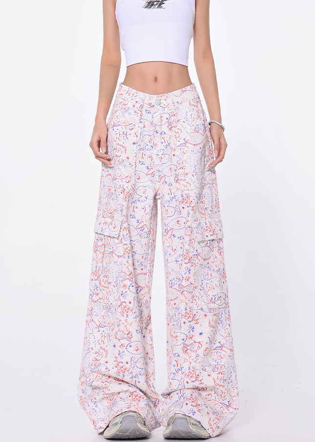 Blue Graffiti Design Wide-Leg Cargo Slacks - Women’s Jeans
