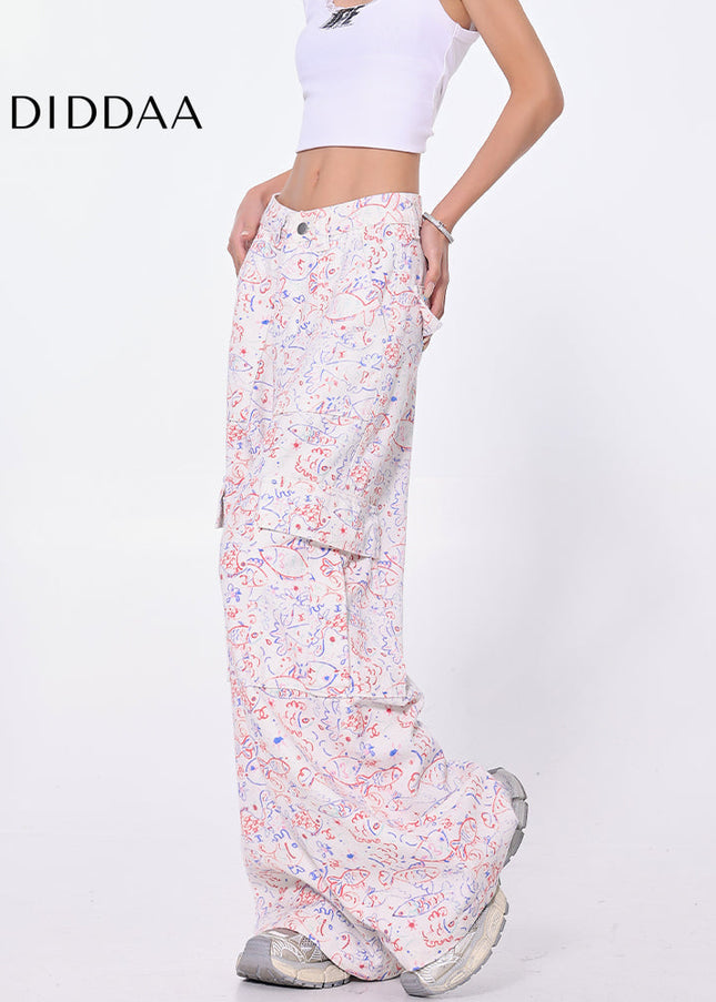 Blue Graffiti Design Wide-Leg Cargo Slacks - Women’s Jeans