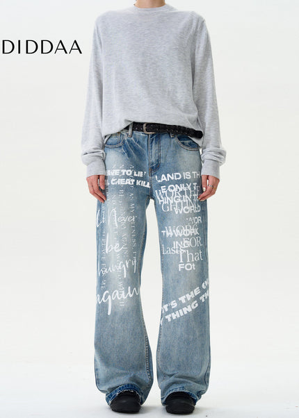 Blue Graffiti Letter Print Straight Wash Jeans - Men’s Jeans