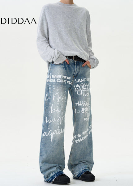 Blue Graffiti Letter Print Straight Wash Jeans - Men’s Jeans