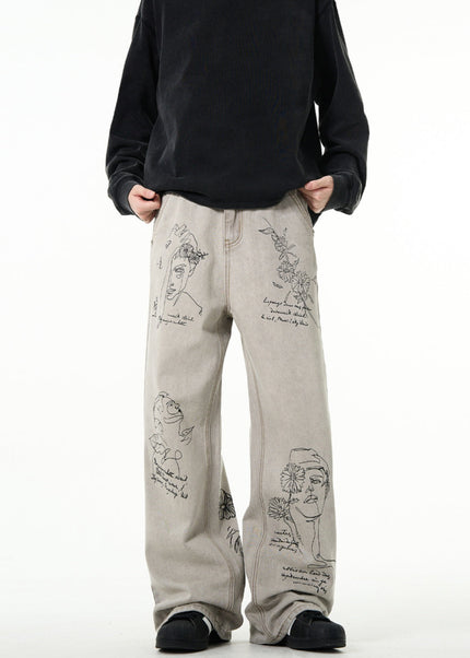 Blue Hand-Painted Graffiti Bootcut Jeans for Men - Men’s Jeans