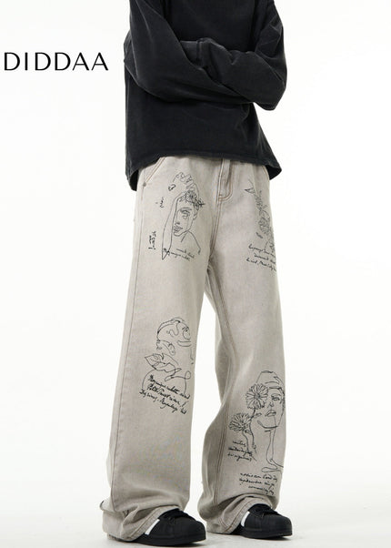 Blue Hand-Painted Graffiti Bootcut Jeans for Men - Men’s Jeans