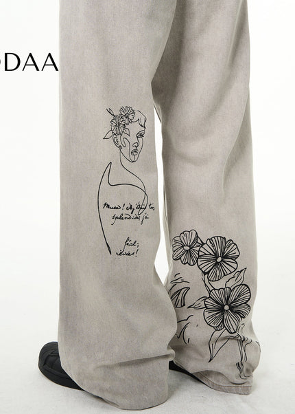 Blue Hand-Painted Graffiti Bootcut Jeans for Men - S / Grey - Men’s Jeans