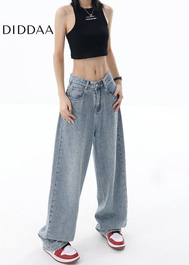 Blue Handmade Hot Diamond Wash Straight Jeans - Women’s Jeans