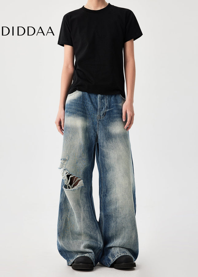 Blue Heavy Color Wash Loose Wide Leg Jeans - Men’s Jeans