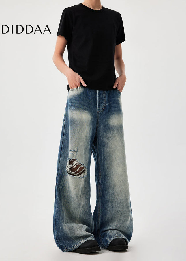 Blue Heavy Color Wash Loose Wide Leg Jeans - Men’s Jeans