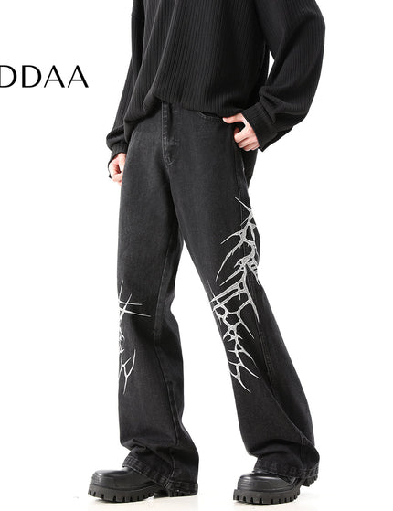 Blue Heavy Embroidery Loose Straight Jeans for Men - M / Black - Men’s Jeans