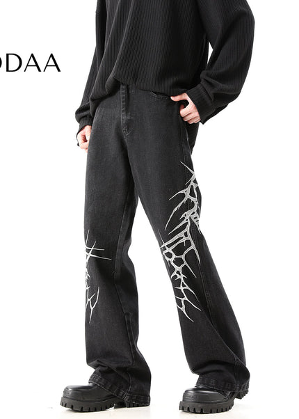 Blue Heavy Embroidery Loose Straight Jeans for Men - M / Black - Men’s Jeans