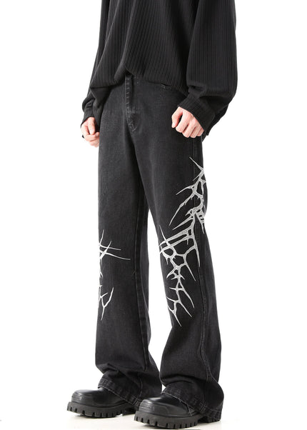 Blue Heavy Embroidery Loose Straight Jeans for Men - Men’s Jeans