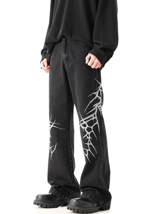 Blue Heavy Embroidery Loose Straight Jeans for Men - Men’s Jeans