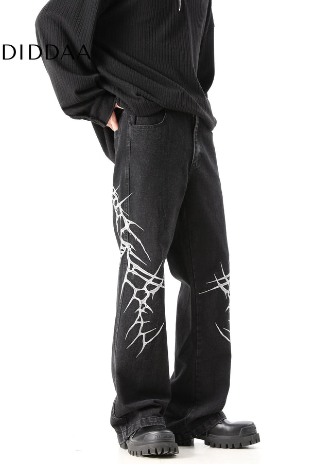 Blue Heavy Embroidery Loose Straight Jeans for Men - Men’s Jeans