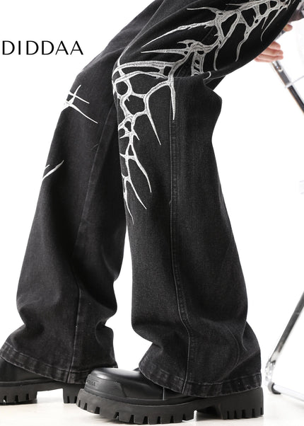 Blue Heavy Embroidery Loose Straight Jeans for Men - Men’s Jeans