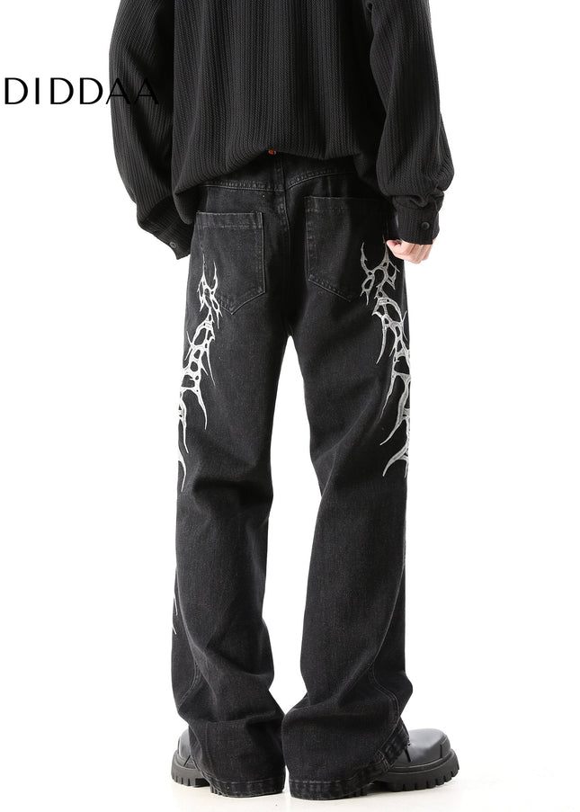 Blue Heavy Embroidery Loose Straight Jeans for Men - Men’s Jeans