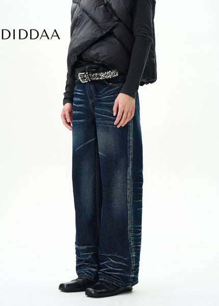 Blue High-Quality Pleated Whiskers Straight-Leg Jeans - Women’s Jeans