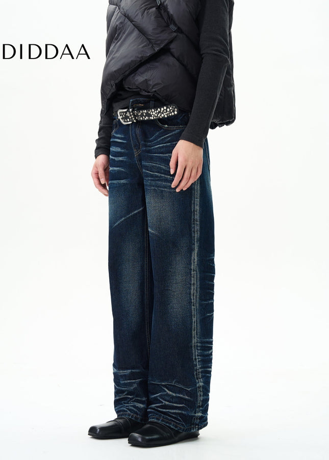 Blue High-Quality Pleated Whiskers Straight-Leg Jeans - Women’s Jeans