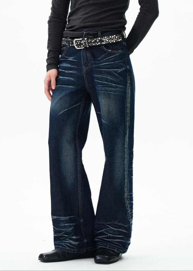 Blue High-Quality Pleated Whiskers Straight-Leg Jeans - Women’s Jeans