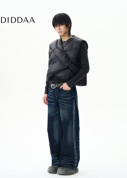 Blue High-Quality Pleated Whiskers Straight-Leg Jeans - Women’s Jeans