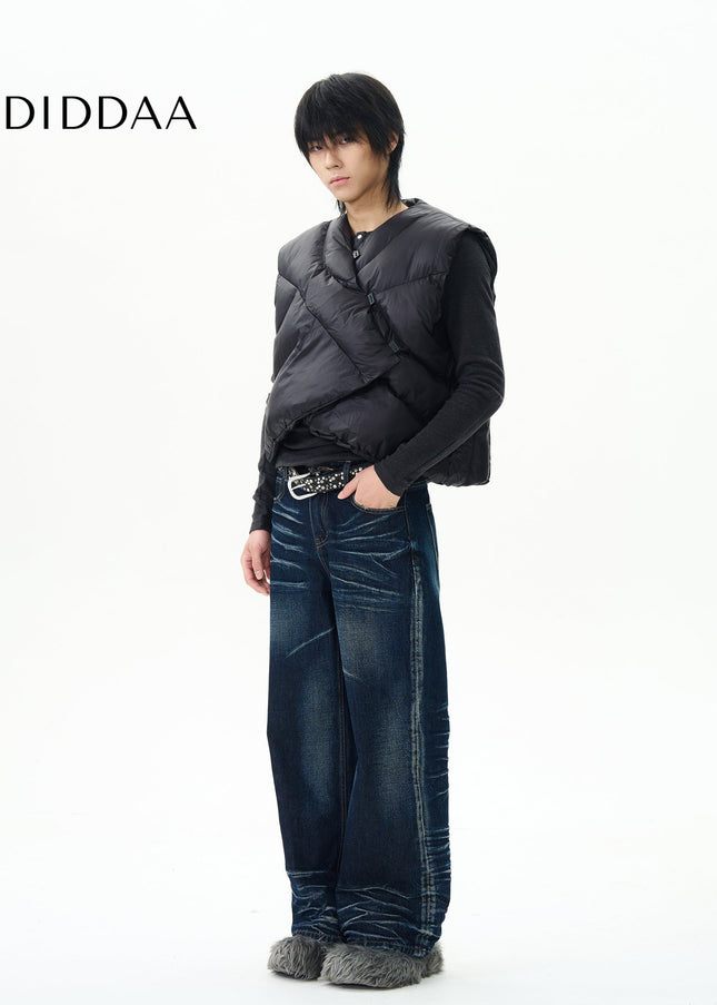 Blue High-Quality Pleated Whiskers Straight-Leg Jeans - Women’s Jeans