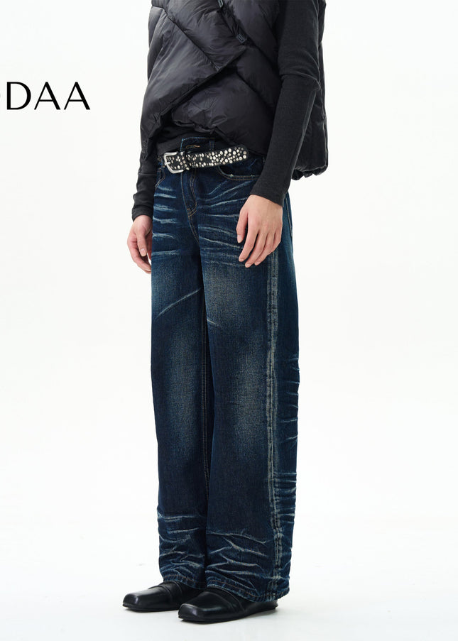 Blue High-Quality Pleated Whiskers Straight-Leg Jeans - XS / Dark Blue - Women’s Jeans