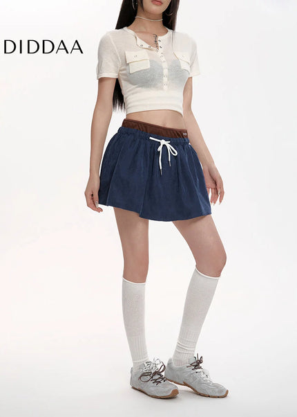 Blue High Waist A-Line Skirt with Puffy Design - Skirts