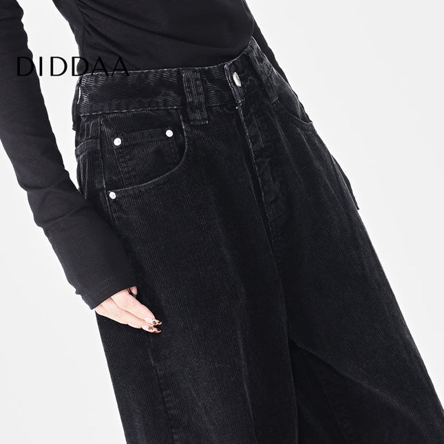 Blue High Waist Loose Wide-Leg Corduroy Jeans - S / Black - Women’s Jeans