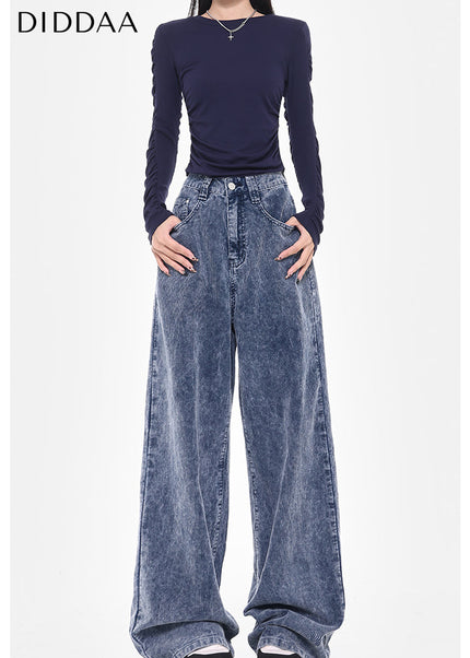 Blue High Waist Loose Wide-Leg Corduroy Jeans - S / Dark Blue - Women’s Jeans