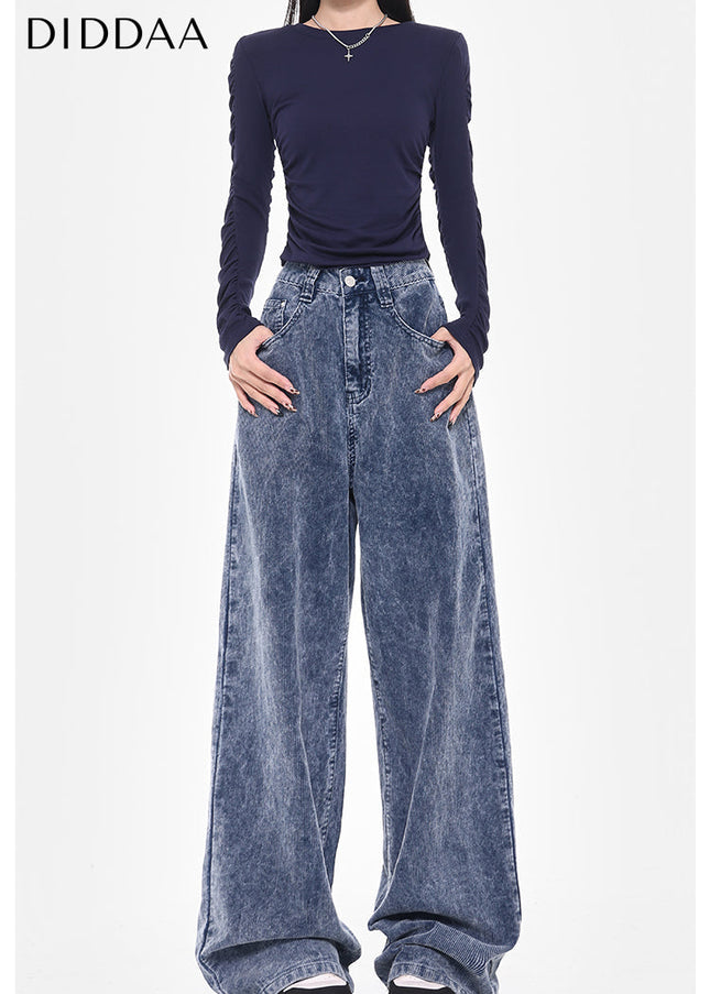 Blue High Waist Loose Wide-Leg Corduroy Jeans - S / Dark Blue - Women’s Jeans