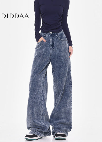 Blue High Waist Loose Wide-Leg Corduroy Jeans - Women’s Jeans