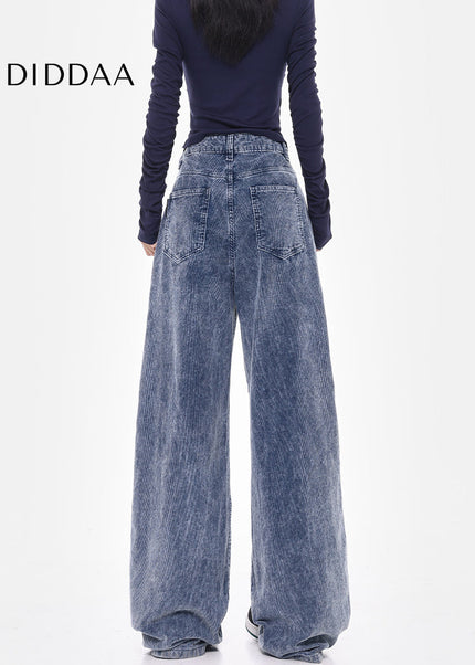 Blue High Waist Loose Wide-Leg Corduroy Jeans - Women’s Jeans