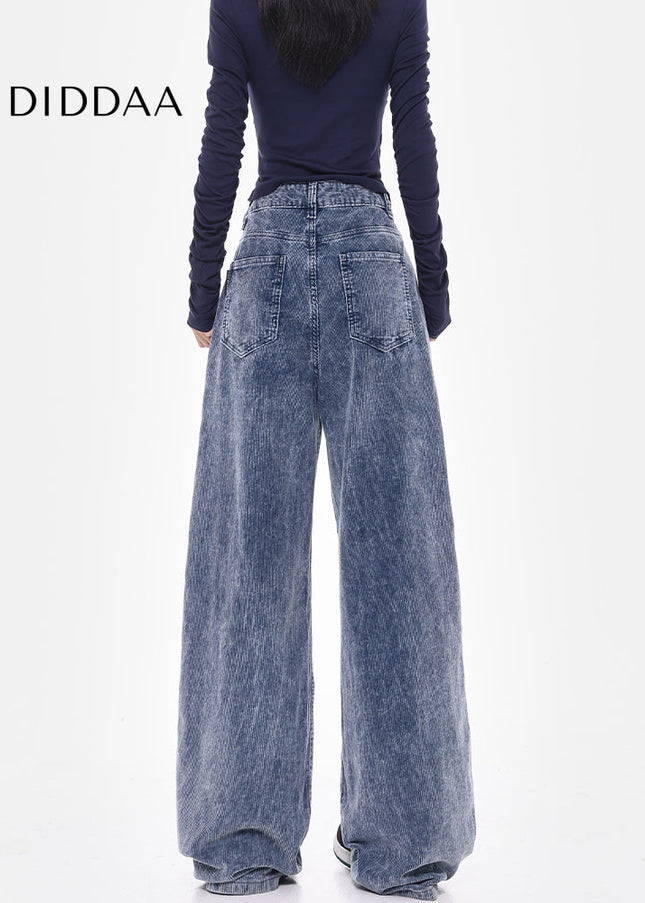 Blue High Waist Loose Wide-Leg Corduroy Jeans - Women’s Jeans