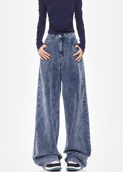 Blue High Waist Loose Wide-Leg Corduroy Jeans - Women’s Jeans