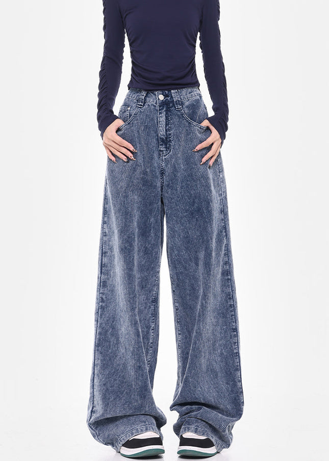 Blue High Waist Loose Wide-Leg Corduroy Jeans - Women’s Jeans