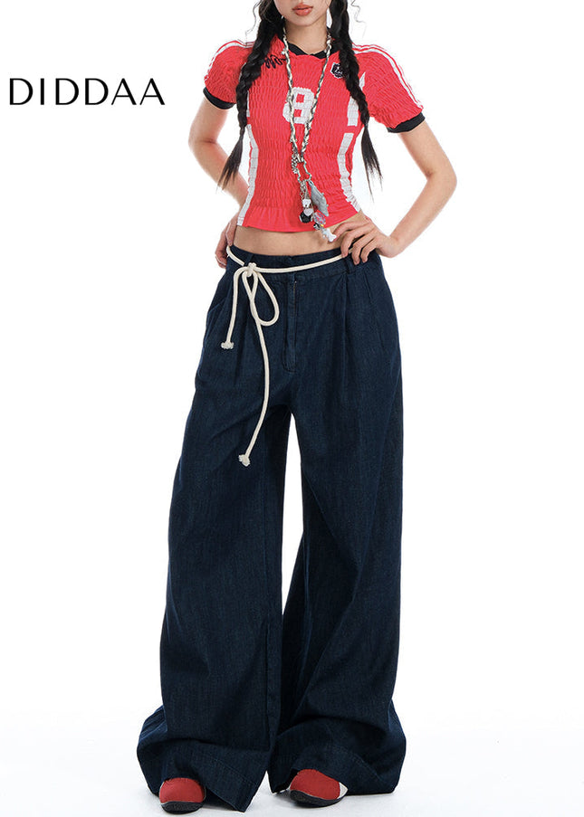 Blue High Waist Pleated Wide-Leg Jeans - Women’s Jeans