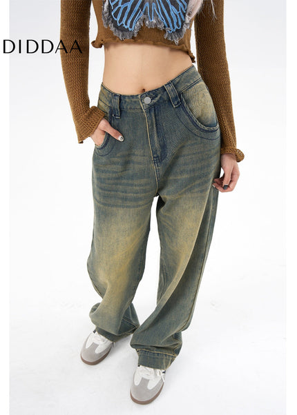 Blue High Waist Wide Leg Jeans Women AGUA Retro Style - Women’s Jeans