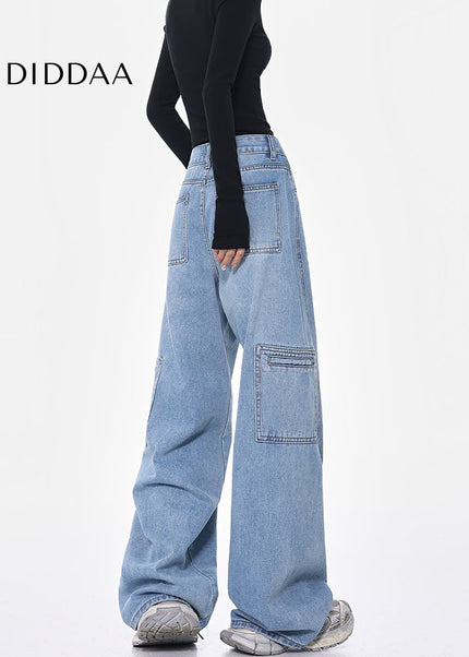 Blue High-Waisted Cargo Wide-Leg Jeans for Women - Women’s Jeans