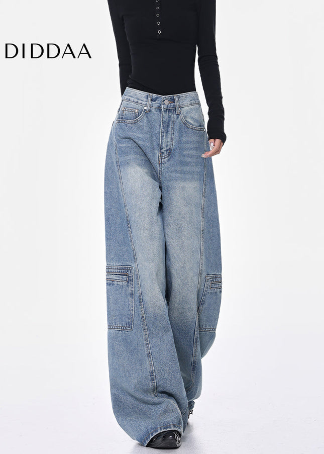 Blue High-Waisted Cargo Wide-Leg Jeans Women’s Retro Pants - Women’s Jeans