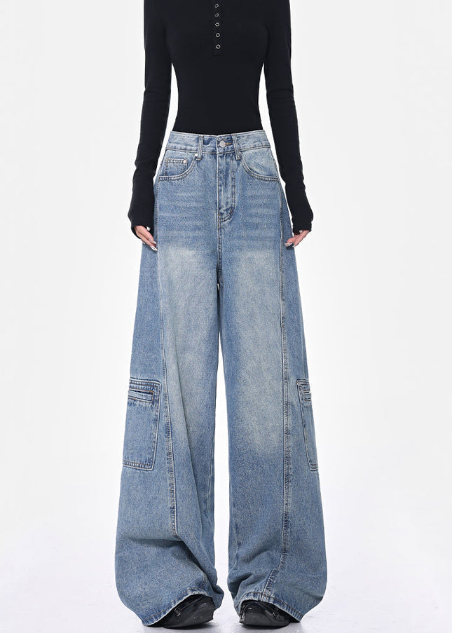 Blue High-Waisted Cargo Wide-Leg Jeans Women’s Retro Pants - Women’s Jeans